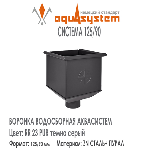Воронка одиночная большая квадратная Аквасистем Цвет RR23, темно серый малая система 125/90 для водосточной трубы 90 мм . Оцинкованная сталь с покрытием ПУРАЛ.  Цена. Как купить - в наличии на Roof-n-Roll.ru 