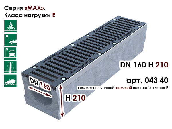 DN160 H210 StandartPark 04340 комплект лоток с решеткой класс E купить на Roof-n-Roll.ru