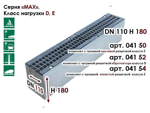 DN110 H180 StandartPark 04150 комплект бетонный лоток с чугунной решеткой класс D,E купить на Roof-n-Roll.ru