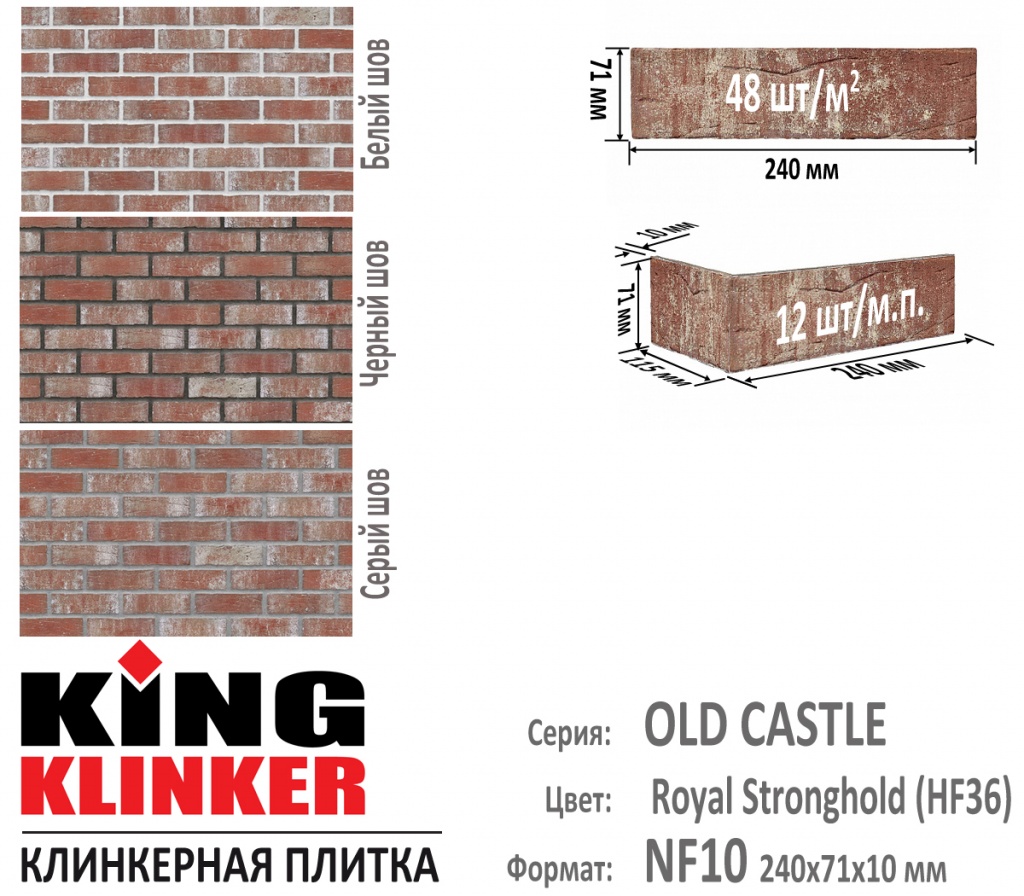 Технические параметры фасадной плитки KING KLINKER серии OLD CASTLE цвет Royal Stronghold (HF36) (Бело Красный с оттенками). 