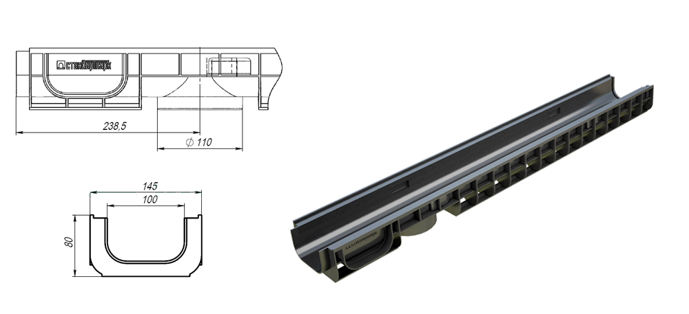 размеры Лоток водоотводный PolyMax Basic ЛВ-10.15.08-ПП пластиковый 8010 на roof-n-roll.ru