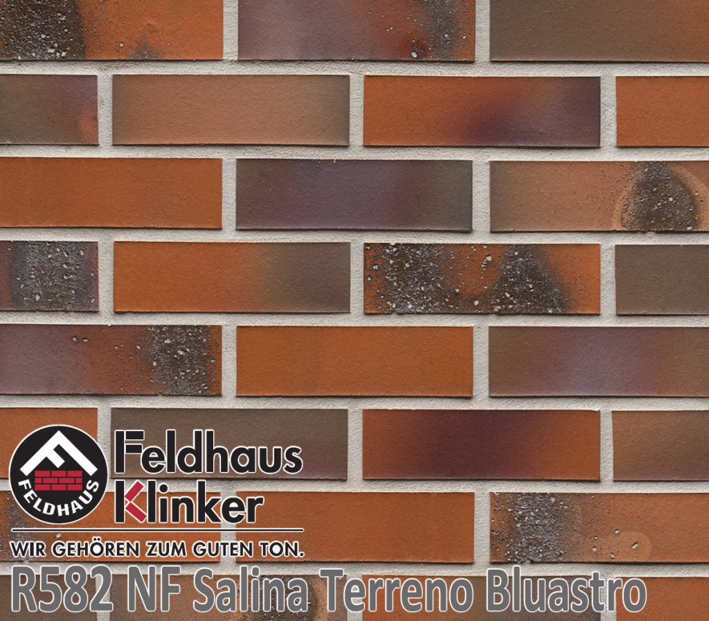 Как выглядит цвет и фактура клинкерной плитки Фельдхаус Клинкер R582NF14 Salina Terreno Bluastro (фиолетово терракотовый, пестрый с нагаром)