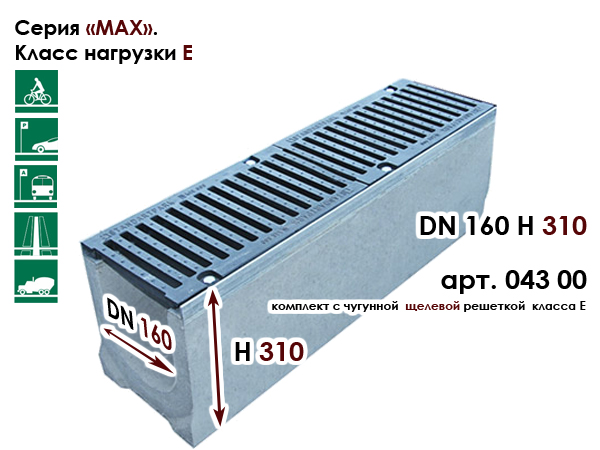 DN160 H310 StandartPark 04300 комплект лоток с решеткой класс E купить на Roof-n-Roll.ru