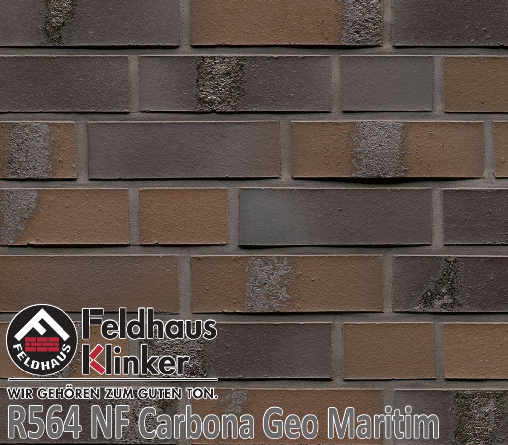 Как выглядит цвет и фактура клинкерной плитки Фельдхаус Клинкер R564 NF14 Carbona Geo Maritim (коричнево терракотовая пестрая с угольным нагаром).